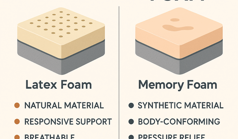 Comparison chart showing latex vs memory foam mattresses with visuals of each layer. Highlights include latex being natural, breathable, and supportive, and memory foam being synthetic, body-conforming, and heat-retaining.