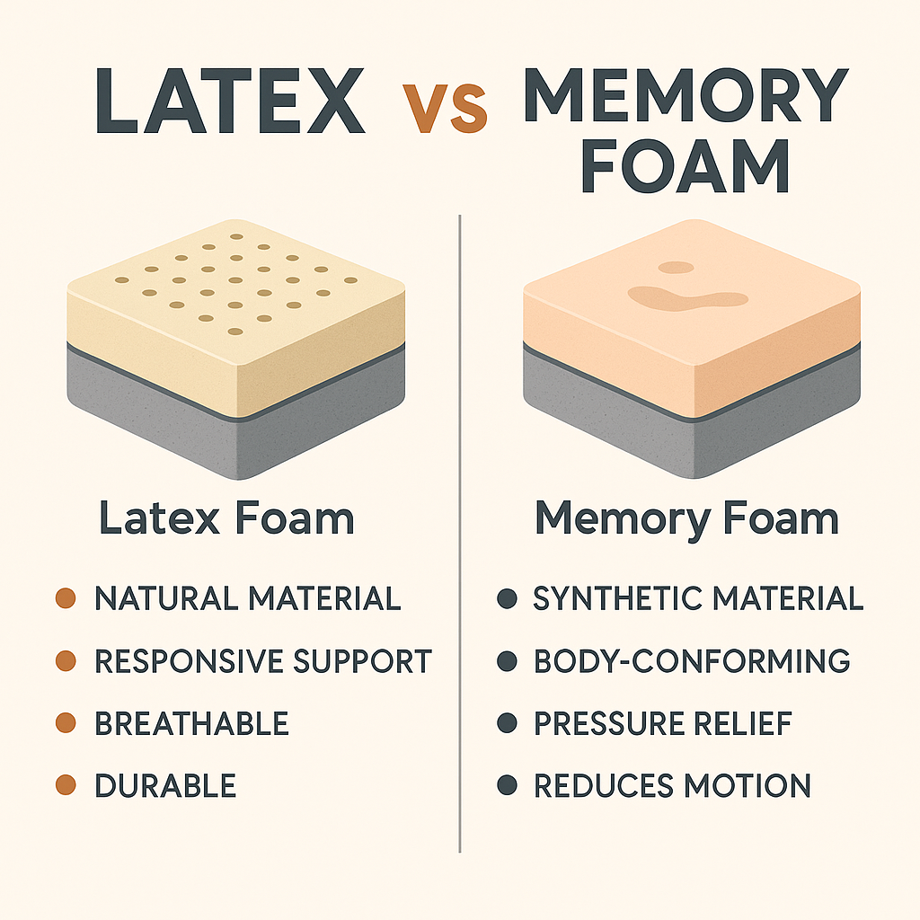 Comparison chart showing latex vs memory foam mattresses with visuals of each layer. Highlights include latex being natural, breathable, and supportive, and memory foam being synthetic, body-conforming, and heat-retaining.