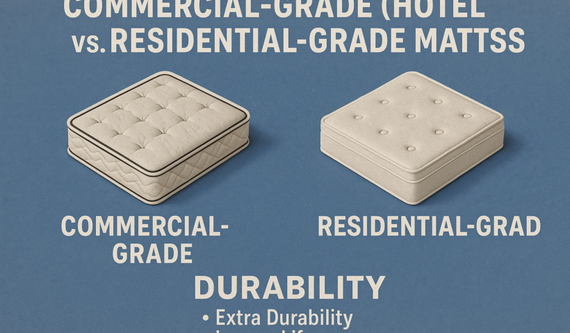 Realistic comparison image showing a commercial-grade hotel mattress and a residential-grade mattress side by side, highlighting durability, longer lifespan, and comfort differences for a mattress durability blog post by Mattress Gallery Direct.
