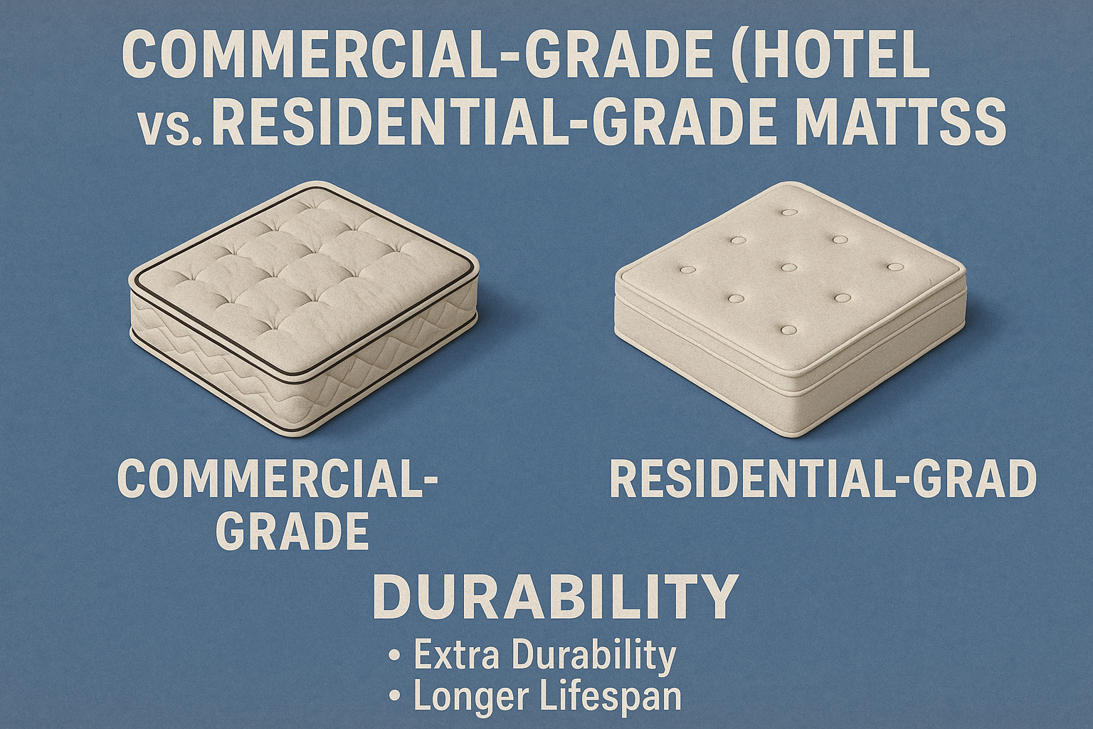 Realistic comparison image showing a commercial-grade hotel mattress and a residential-grade mattress side by side, highlighting durability, longer lifespan, and comfort differences for a mattress durability blog post by Mattress Gallery Direct.