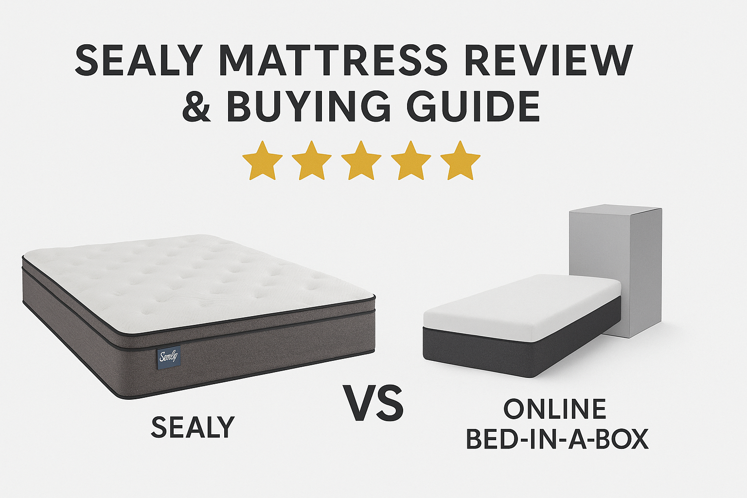 Sealy mattress vs online bed-in-a-box comparison with five gold stars and correctly spelled buying guide title.