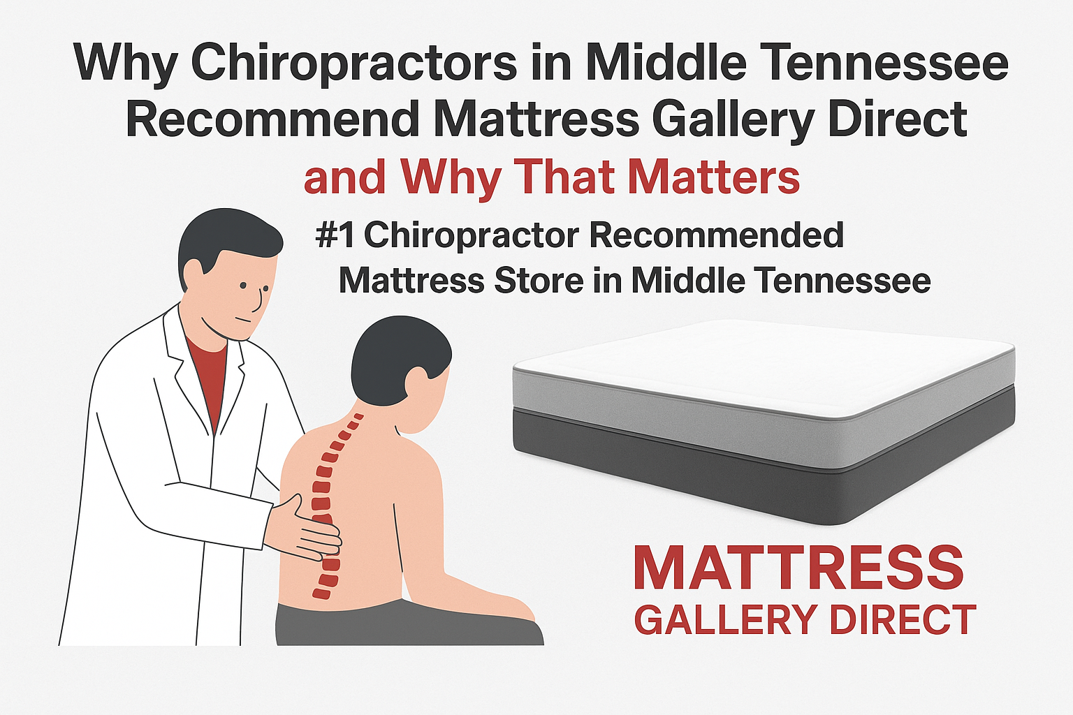 Chiropractor explaining spinal alignment beside a supportive mattress with text highlighting Mattress Gallery Direct as the #1 chiropractor-recommended mattress store in Middle Tennessee.