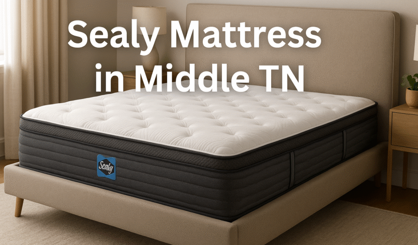 High-quality Sealy-style mattress displayed in a cozy modern bedroom with text that reads ‘Sealy Mattress in Middle TN’