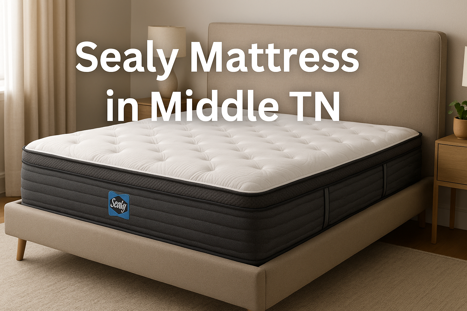 High-quality Sealy-style mattress displayed in a cozy modern bedroom with text that reads ‘Sealy Mattress in Middle TN’