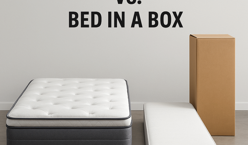Store-bought mattress vs bed-in-a-box comparison image showing a premium mattress beside a boxed mattress for shoppers in Franklin, TN.