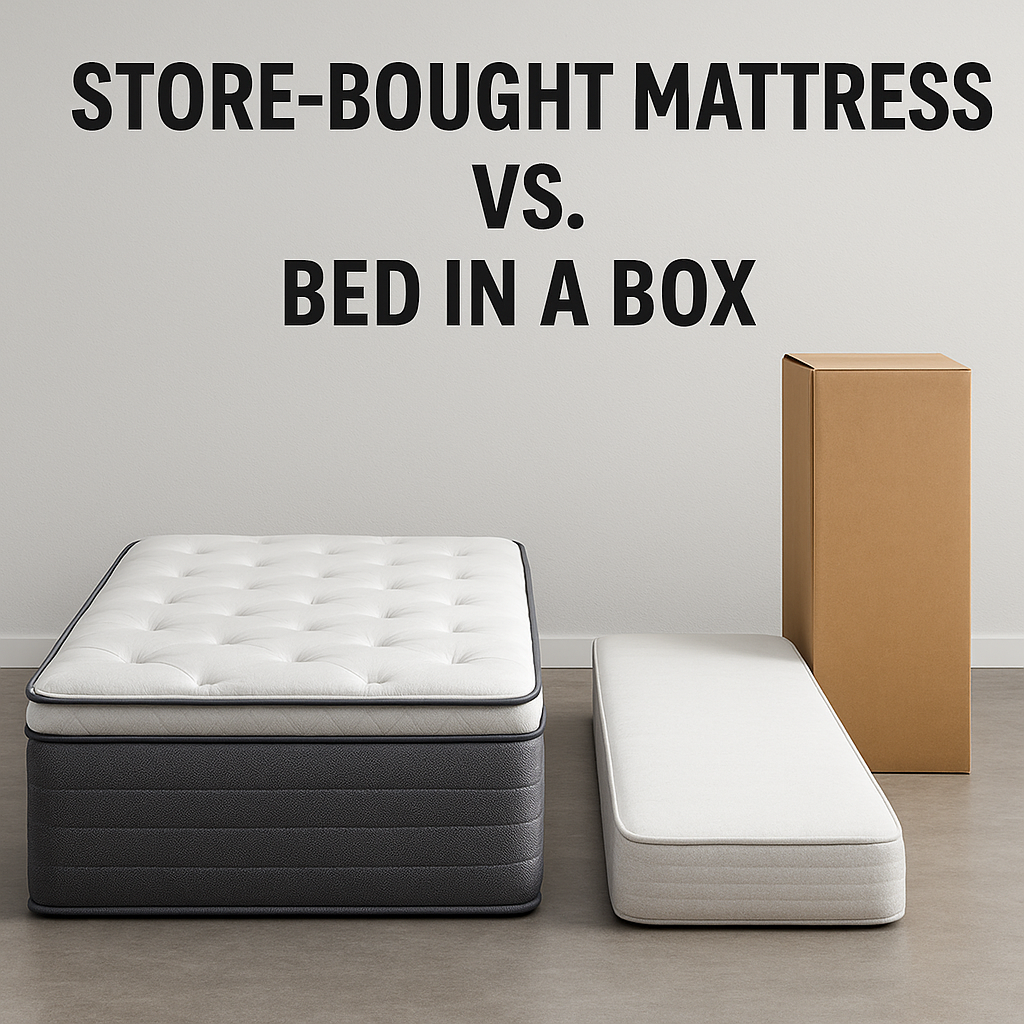 Store-bought mattress vs bed-in-a-box comparison image showing a premium mattress beside a boxed mattress for shoppers in Franklin, TN.