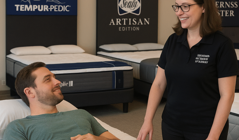 Mattress Gallery Direct Murfreesboro TN certified bedding specialist helping customer test a Tempur-Pedic mattress with Sealy 1881 Artisan and Stearns & Foster displays in background.