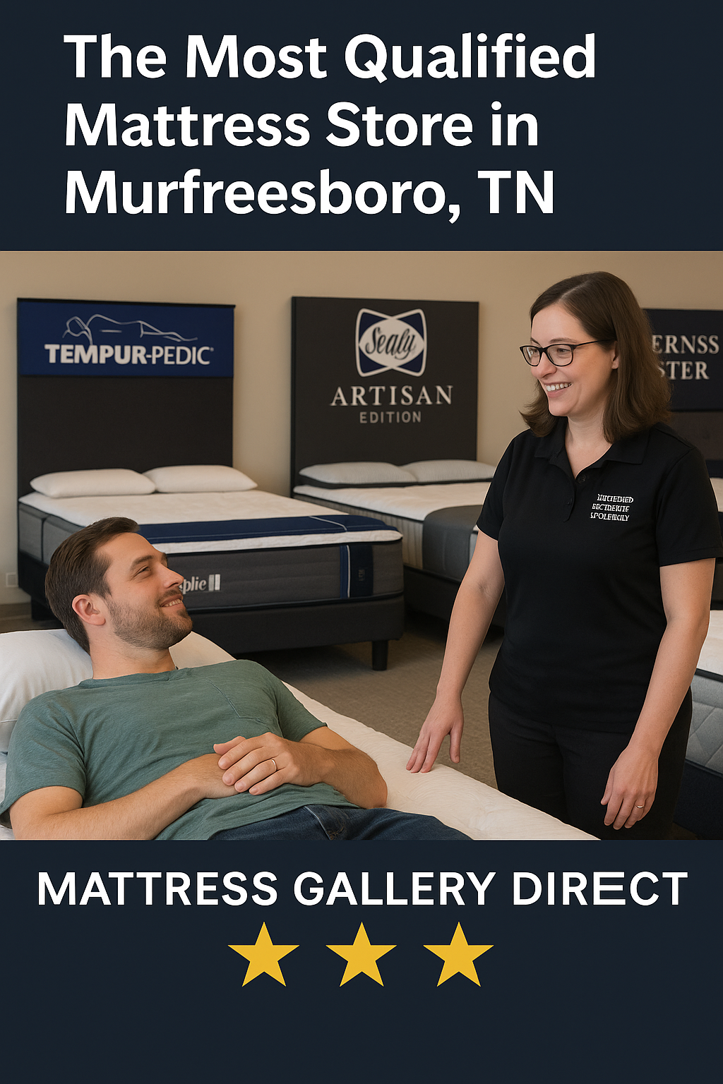 Mattress Gallery Direct Murfreesboro TN certified bedding specialist helping customer test a Tempur-Pedic mattress with Sealy 1881 Artisan and Stearns & Foster displays in background.