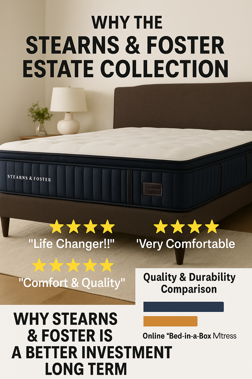 Luxury Stearns & Foster Estate Collection mattress with five-star reviews and durability comparison chart for Mattress Gallery Direct blog.