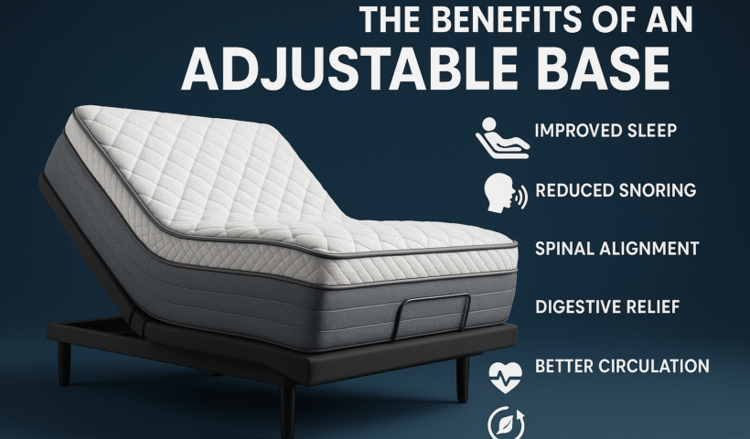 3D image of an adjustable base bed with a hybrid mattress showing benefits such as improved sleep, reduced snoring, spinal alignment, digestive relief, and better circulation.