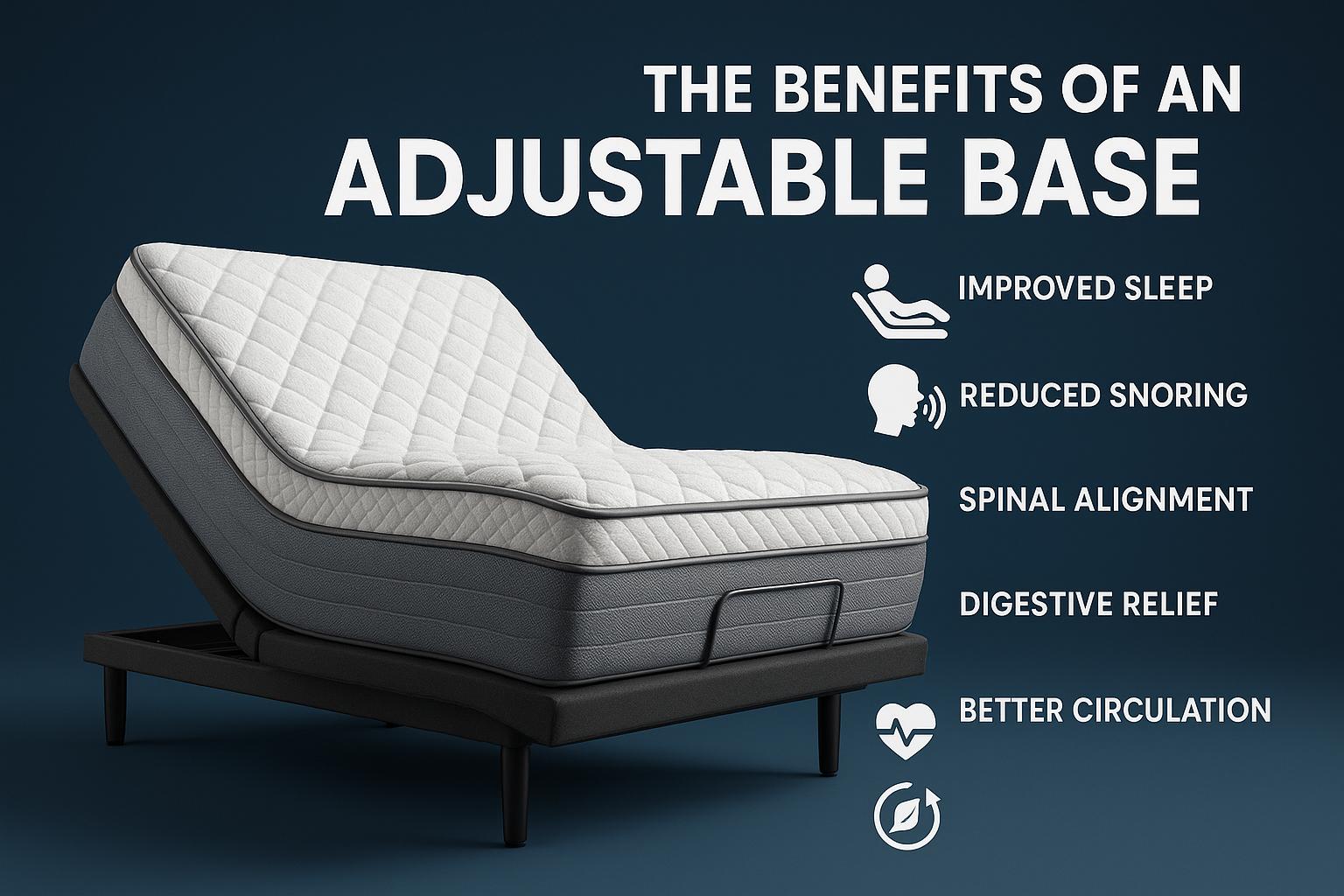 3D image of an adjustable base bed with a hybrid mattress showing benefits such as improved sleep, reduced snoring, spinal alignment, digestive relief, and better circulation.