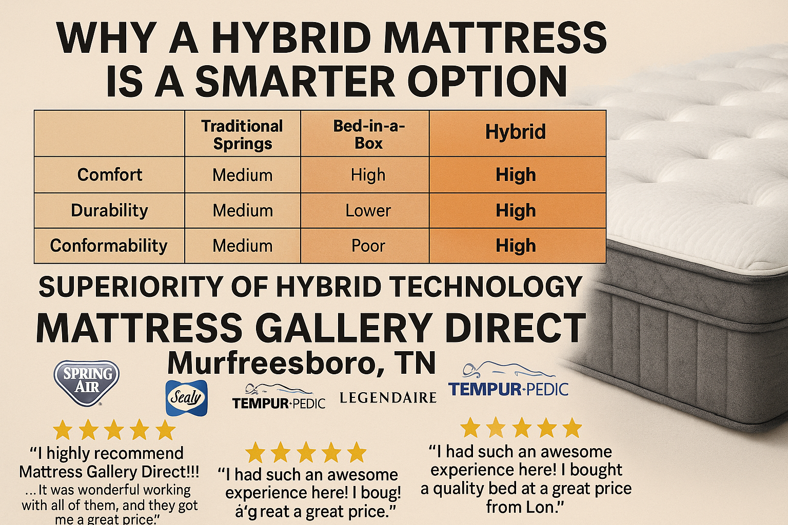 Hybrid mattress comparison chart showing superiority in comfort, durability, conformability, and temperature control, promoting Mattress Gallery Direct in Murfreesboro TN.