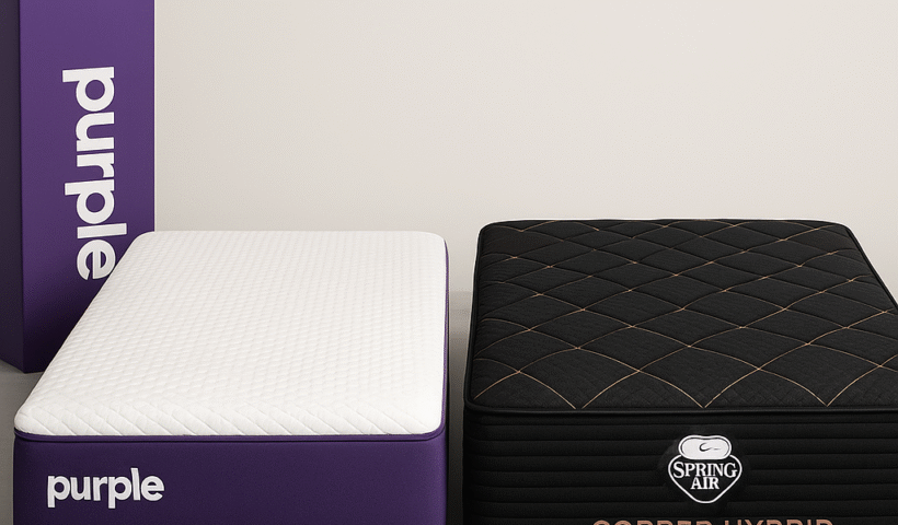Purple mattress next to a Spring Air Copper Hybrid mattress with a black cover and copper stitching, shown side by side with a Purple mattress box.