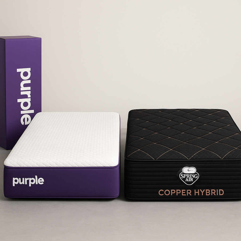 Purple mattress next to a Spring Air Copper Hybrid mattress with a black cover and copper stitching, shown side by side with a Purple mattress box.
