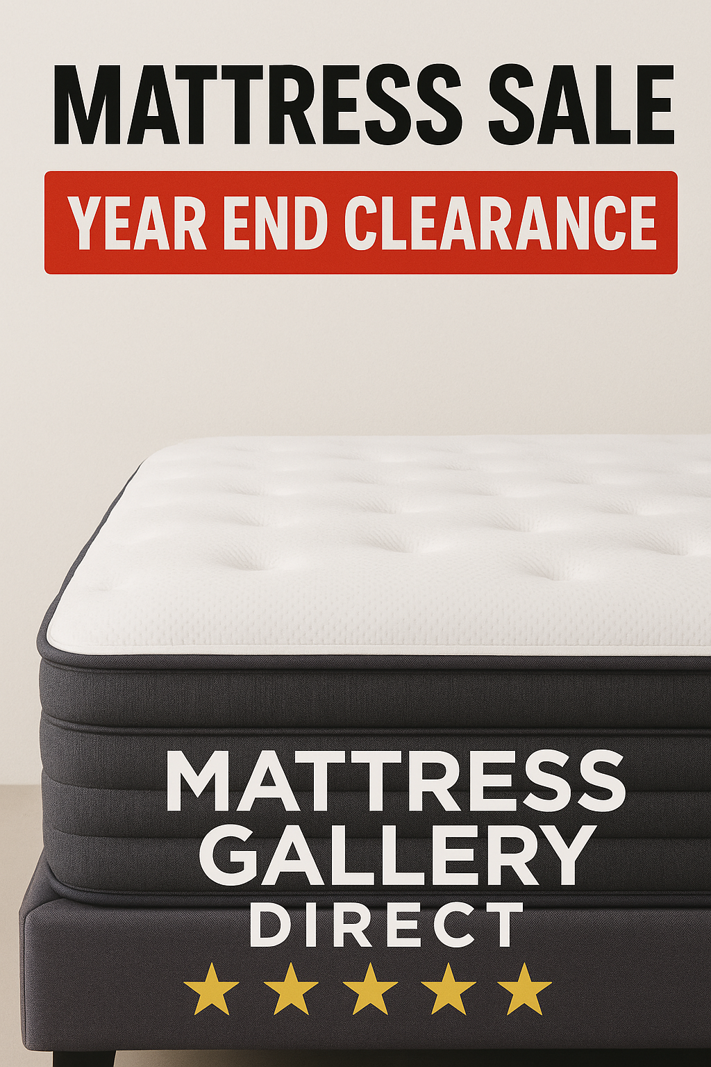 Year End Clearance mattress sale image featuring a premium mattress with bold sale text and Mattress Gallery Direct branding for Murfreesboro, Franklin, and Smyrna TN.