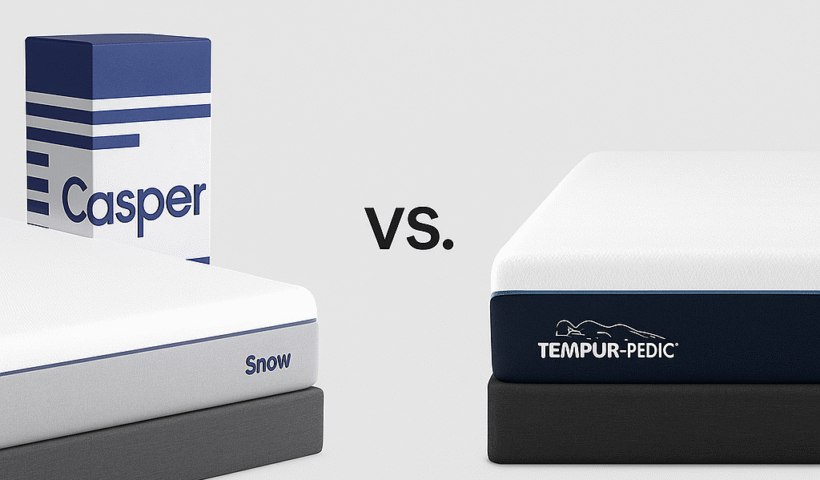 Side-by-side comparison of a Casper Snow mattress with its delivery box next to a Tempur-Pedic mattress, highlighting the contrast between an online bed-in-a-box and a premium in-store mattress in Murfreesboro & Franklin