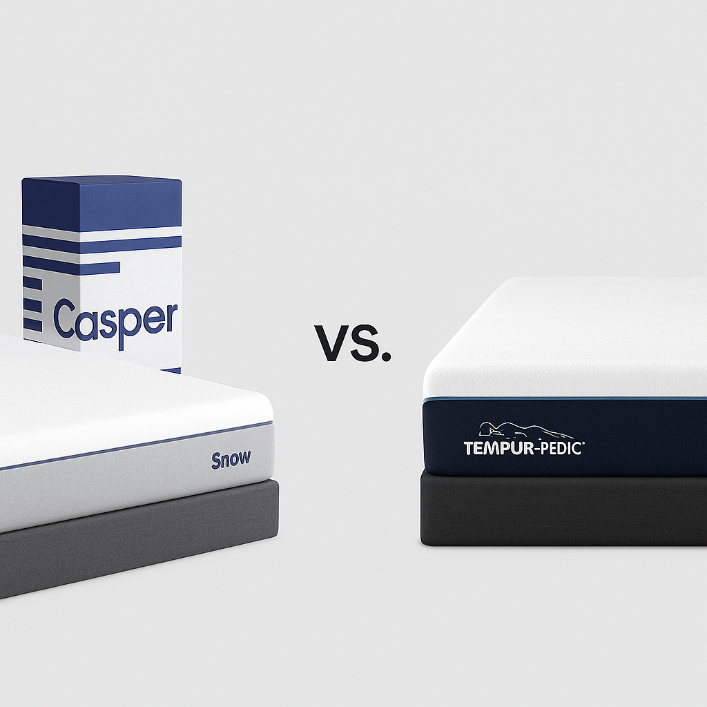 Side-by-side comparison of a Casper Snow mattress with its delivery box next to a Tempur-Pedic mattress, highlighting the contrast between an online bed-in-a-box and a premium in-store mattress in Murfreesboro & Franklin