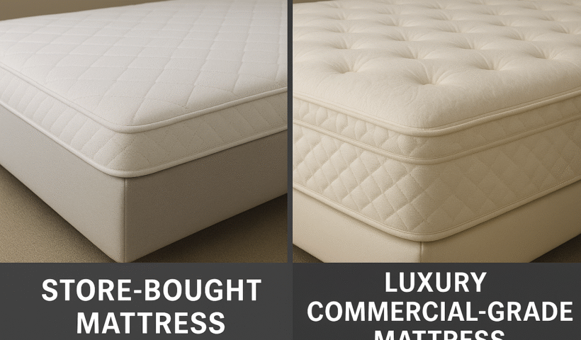 Side-by-side comparison of a thin residential store-bought mattress next to a thick luxury commercial-grade hotel mattress showcasing durability and quality differences.