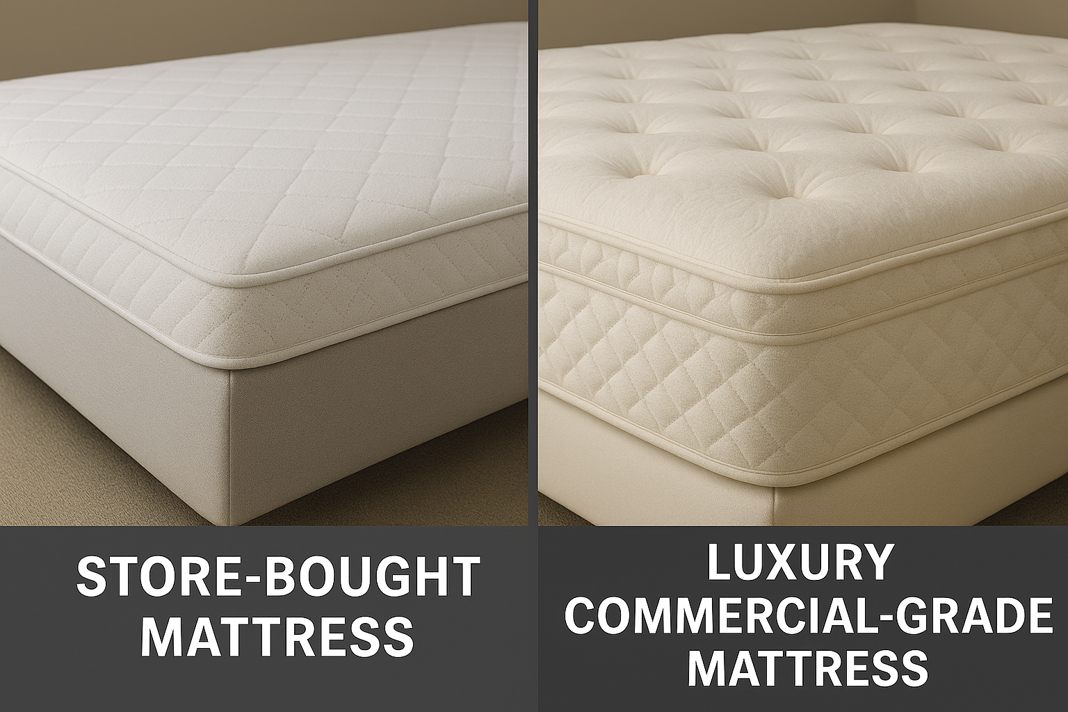 Side-by-side comparison of a thin residential store-bought mattress next to a thick luxury commercial-grade hotel mattress showcasing durability and quality differences.