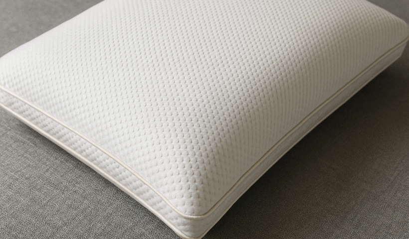 A luxury white premium support pillow with a textured cover and gold trim resting on a soft gray upholstered surface.