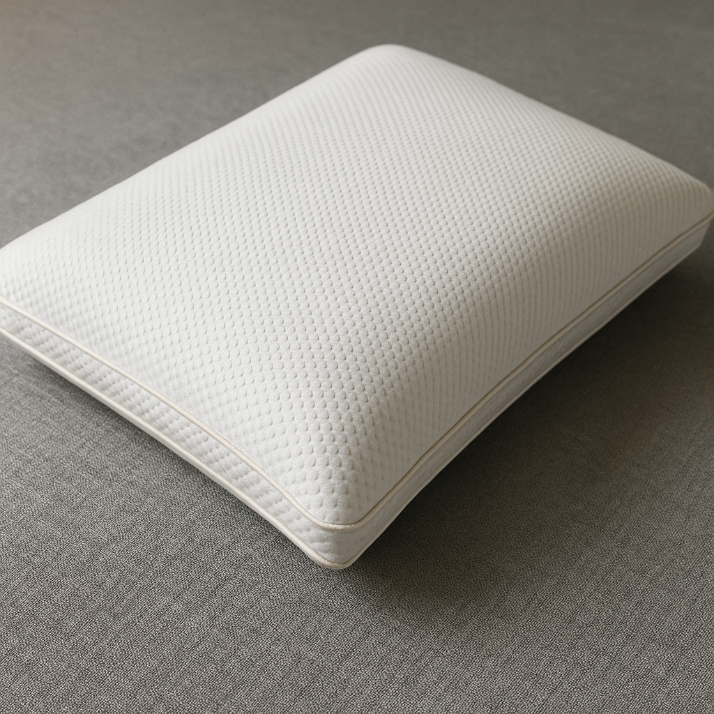 A luxury white premium support pillow with a textured cover and gold trim resting on a soft gray upholstered surface.