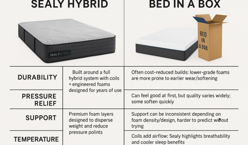 Sealy Hybrid mattress compared to a bed in a box mattress with box beside it, showing durability, pressure relief, support, and cooling differences in Murfreesboro TN