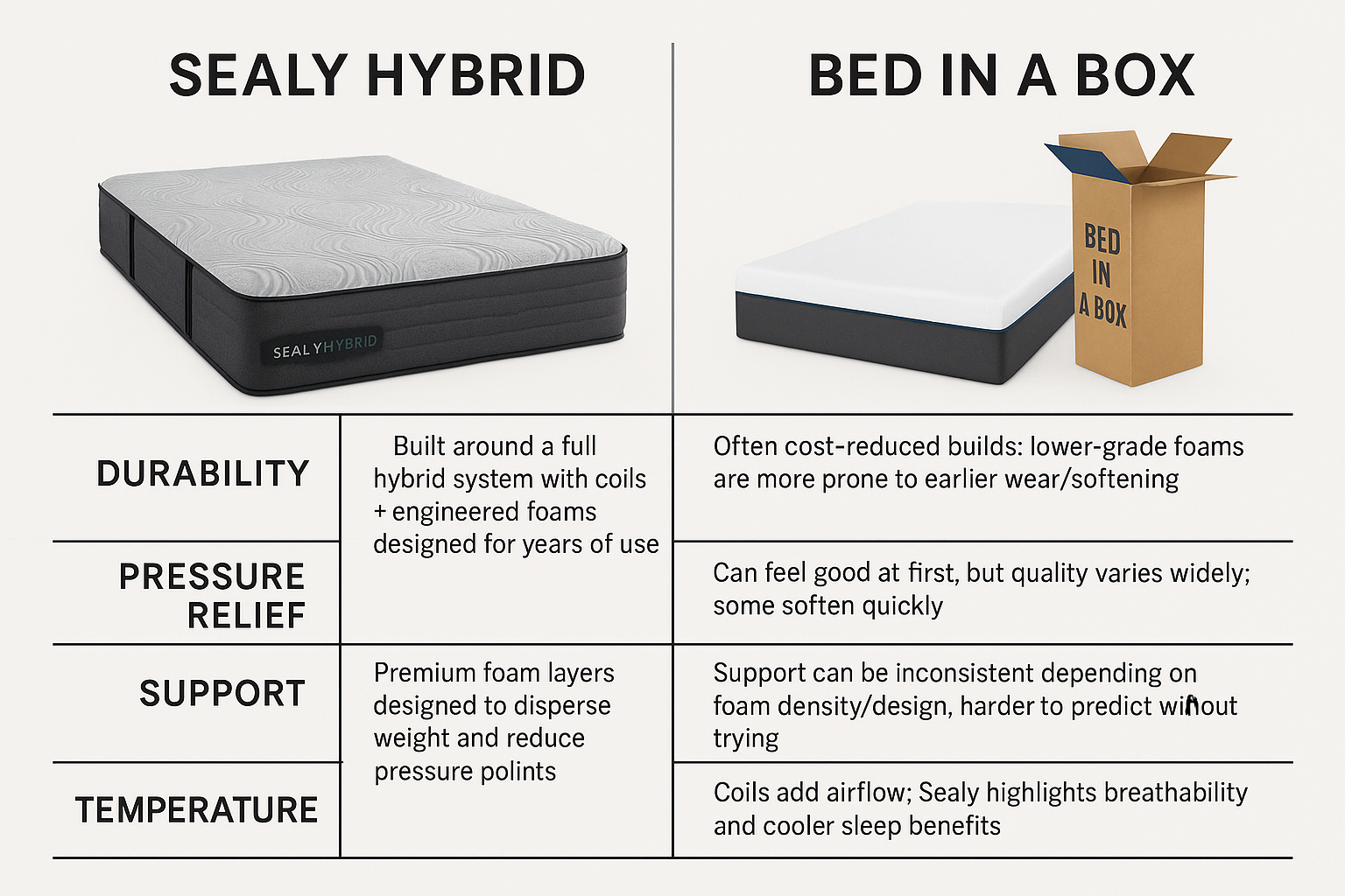 Sealy Hybrid mattress compared to a bed in a box mattress with box beside it, showing durability, pressure relief, support, and cooling differences in Murfreesboro TN