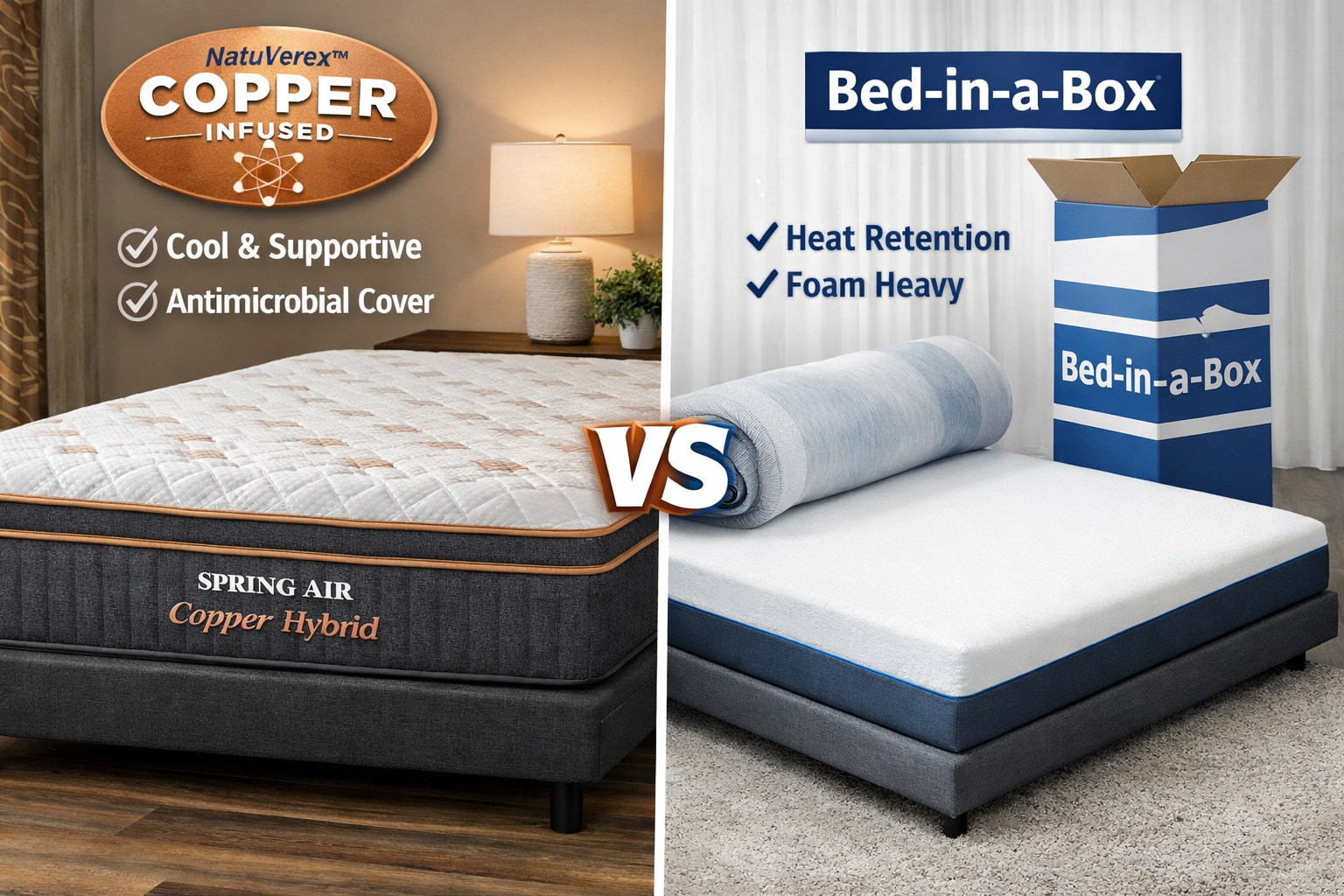 Spring Air Copper Hybrid mattress compared to bed in a box mattress in Murfreesboro TN showing copper cooling cover and boxed foam mattress