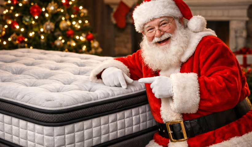 Santa Claus pointing at a luxury mattress at Mattress Gallery Direct in Murfreesboro TN during a Dirty Santa mattress promotion