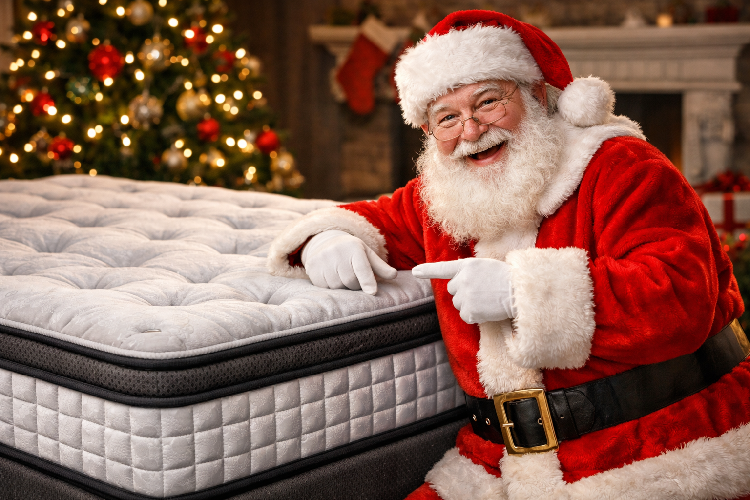 Santa Claus pointing at a luxury mattress at Mattress Gallery Direct in Murfreesboro TN during a Dirty Santa mattress promotion
