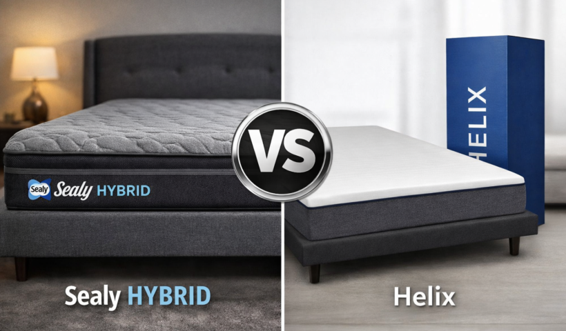 Sealy Hybrid mattress compared to Helix bed in a box with shipping box, highlighting in-store quality vs online mattress in Murfreesboro TN