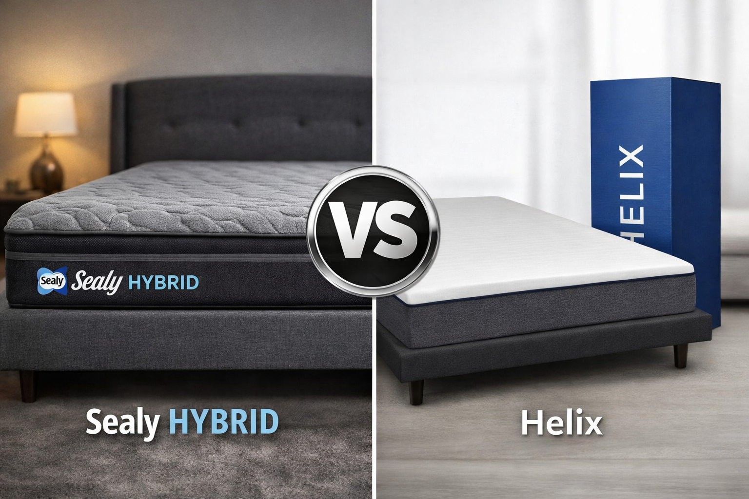 Sealy Hybrid mattress compared to Helix bed in a box with shipping box, highlighting in-store quality vs online mattress in Murfreesboro TN