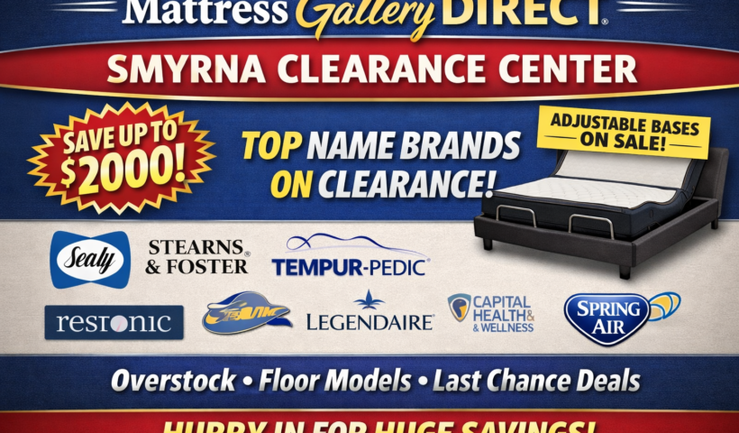 Mattress Gallery Direct Smyrna TN Clearance Center showroom featuring luxury mattresses, adjustable bases, and savings up to $2000