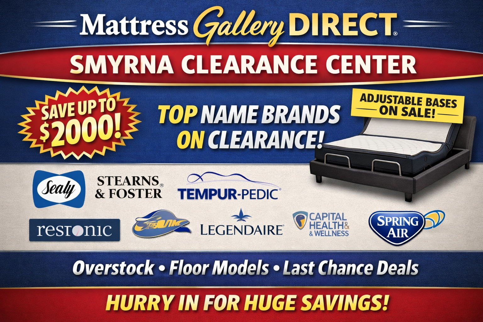Mattress Gallery Direct Smyrna TN Clearance Center showroom featuring luxury mattresses, adjustable bases, and savings up to $2000