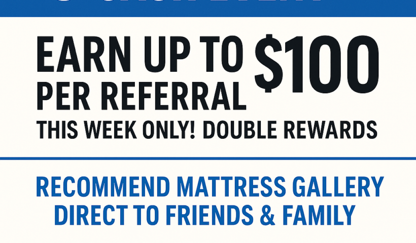 Double Referral Cash Event promo graphic for Mattress Gallery Direct showing earn up to $100 per mattress referral and featuring certified bedding specialists, family-owned benefits, and premium brands.