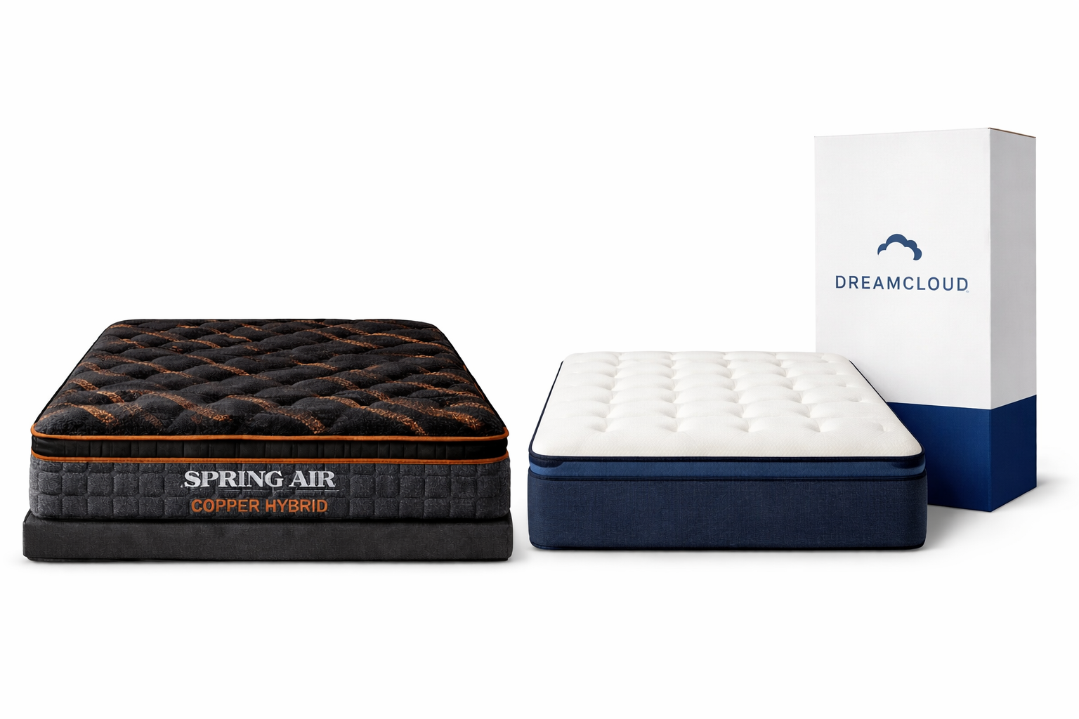 Spring Air Copper Hybrid mattress with black copper-infused top beside DreamCloud bed-in-a-box mattress and shipping box