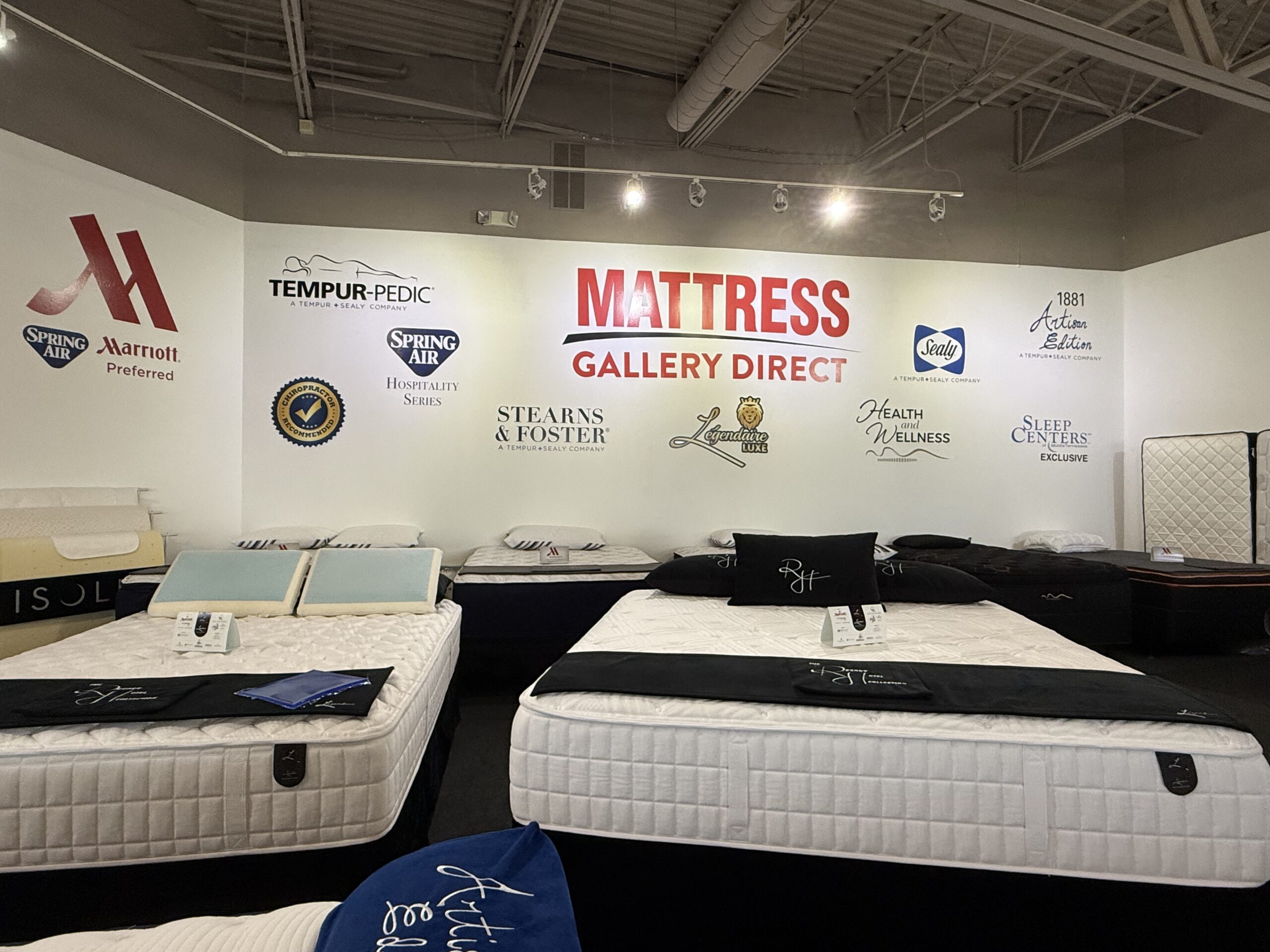 Luxury mattresses on display at Mattress Gallery Direct showroom in Franklin TN during President’s Day sale
